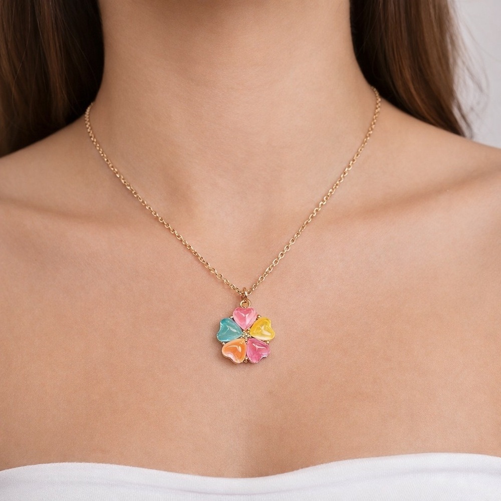 Colorful Heart Flower Necklace | Pastel Heart Pendant Necklace